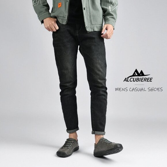 Alcubieree Men Grey Leather Casual Fashion Loafer Driving Rubber Sole Sneakers - Picture 7 of 8